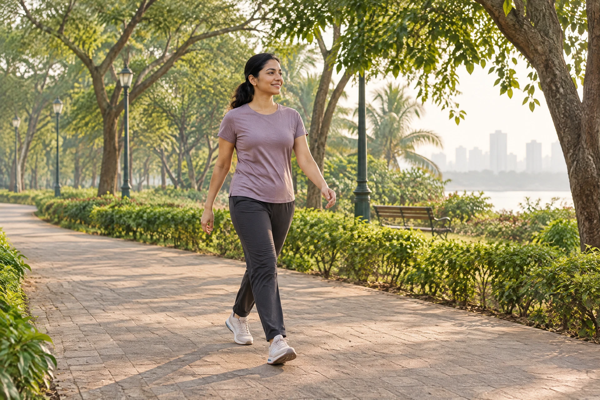 Indian adult fully visible taking a comfortable brisk walk on a leafy Mumbai park path