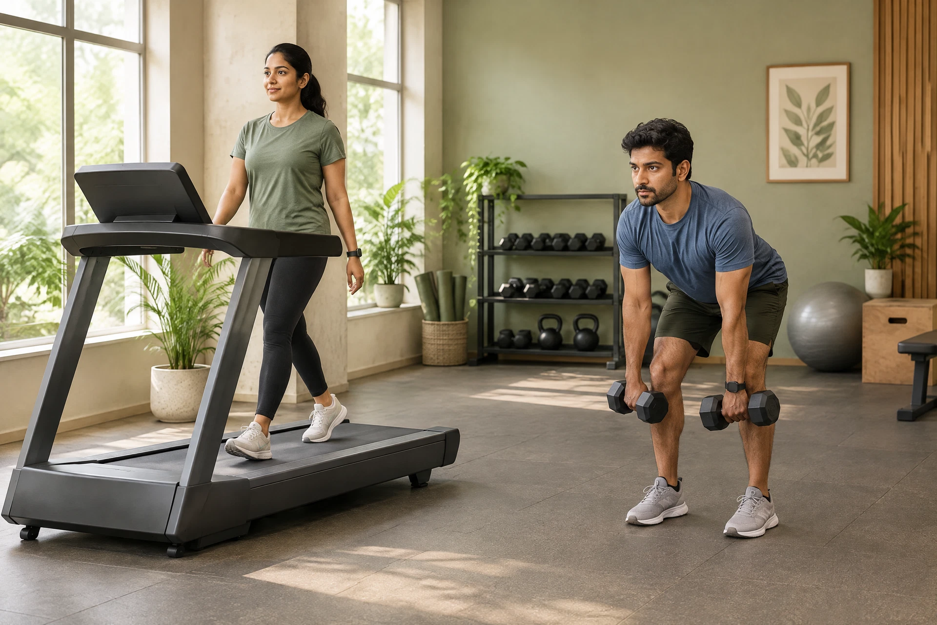 Two Indian adults fully visible doing treadmill walking and light dumbbell strength training in the same gym