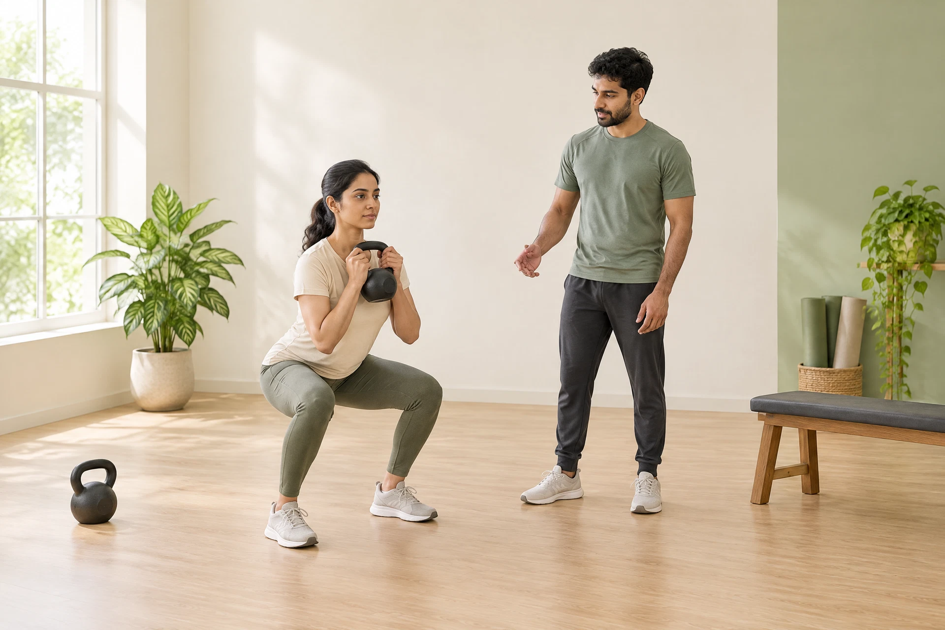 Indian beginner and trainer fully visible while practising a controlled goblet squat in a bright studio