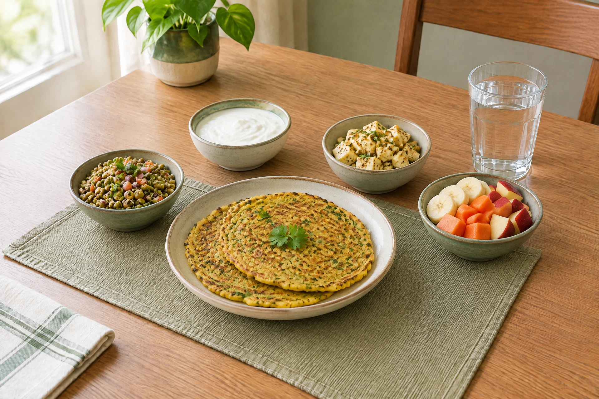 Moong dal chilla, curd, sprouts, paneer and fruit fully visible in a high-protein Indian breakfast spread