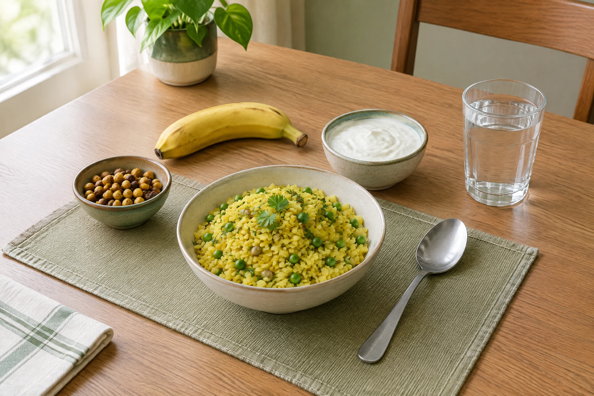 Poha, banana, curd, roasted chana and water arranged as fully visible Indian pre-workout meal options