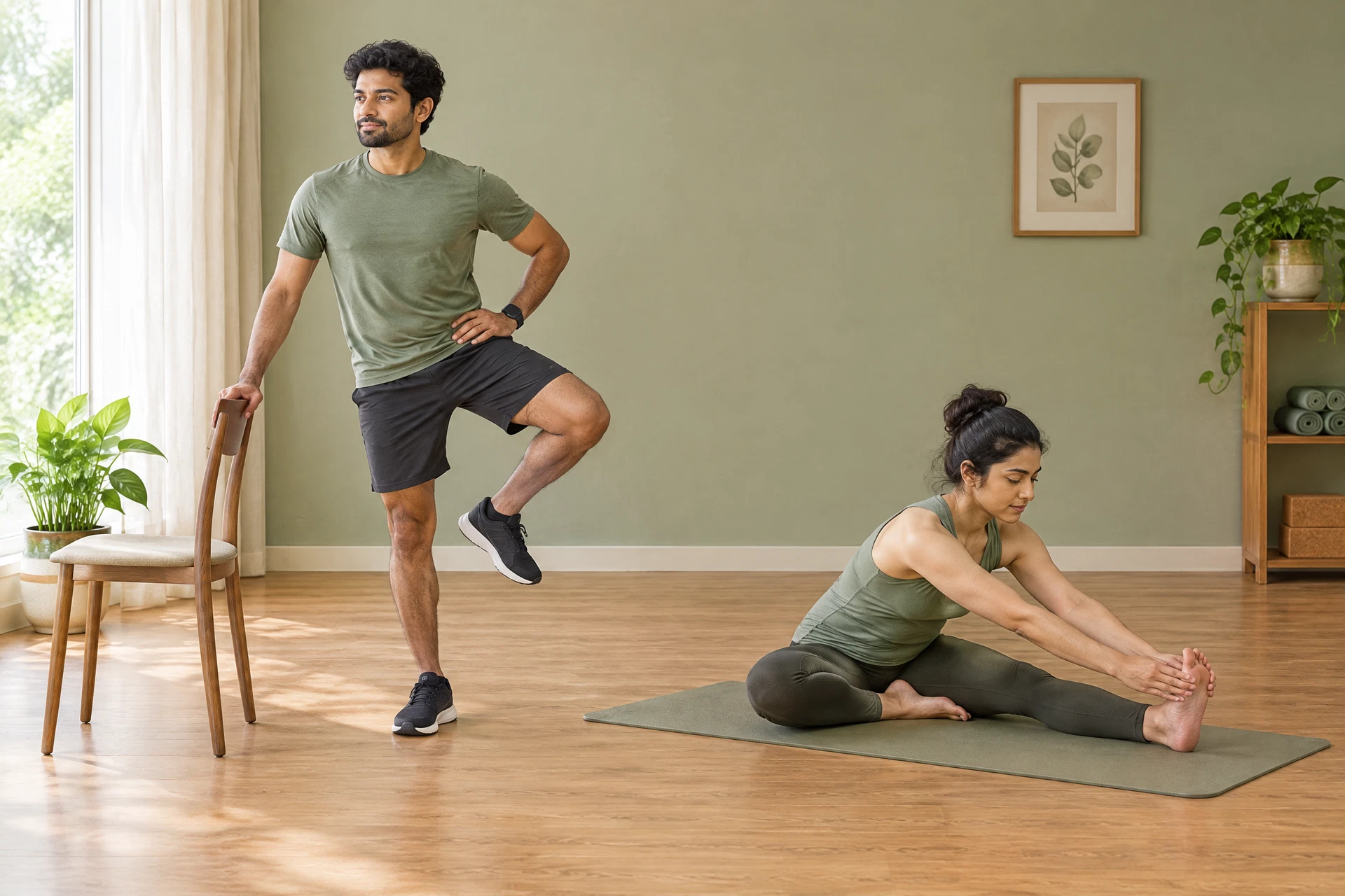 Two Indian adults fully visible demonstrating an active hip mobility drill and a gentle seated hamstring stretch