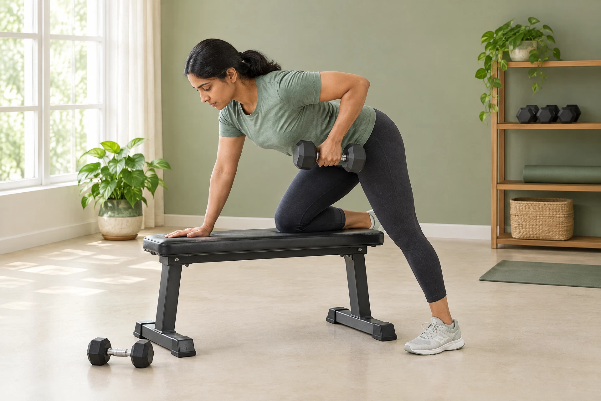 Indian adult fully visible performing a controlled supported dumbbell row beside a training bench