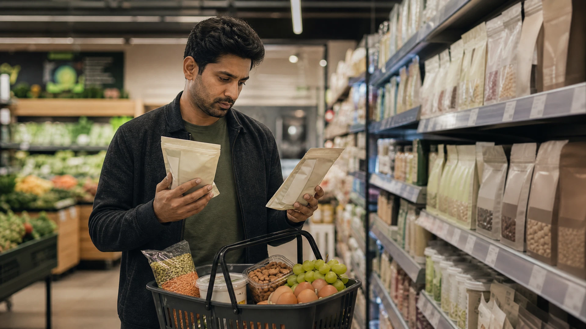 Shopper comparing unbranded protein snack labels with whole foods in their basket
