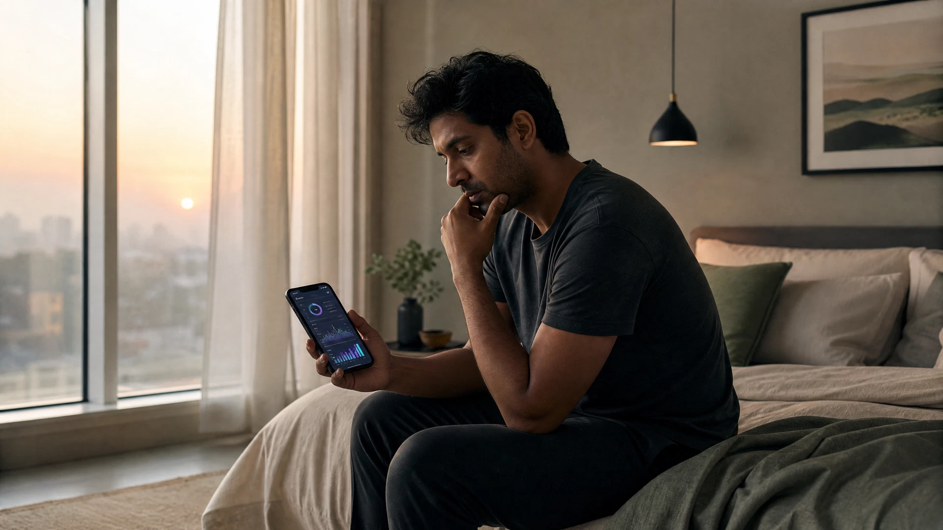 Person sitting on the edge of a bed at dawn while reviewing abstract sleep charts on a smartphone