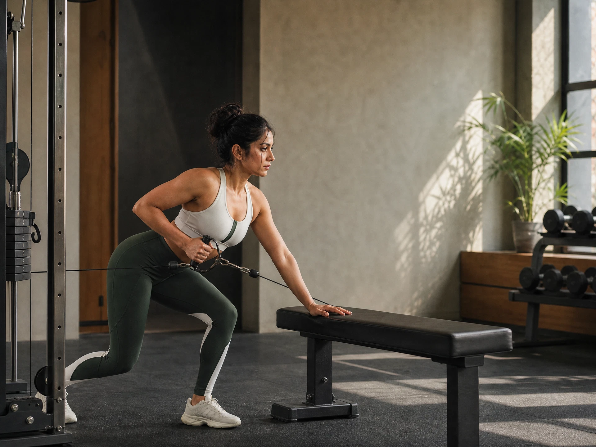 Woman performing a controlled single-arm cable row in a bright training studio