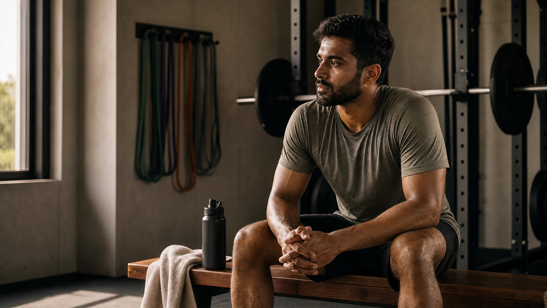 Athlete sitting calmly on a bench after strength training with water and a towel nearby