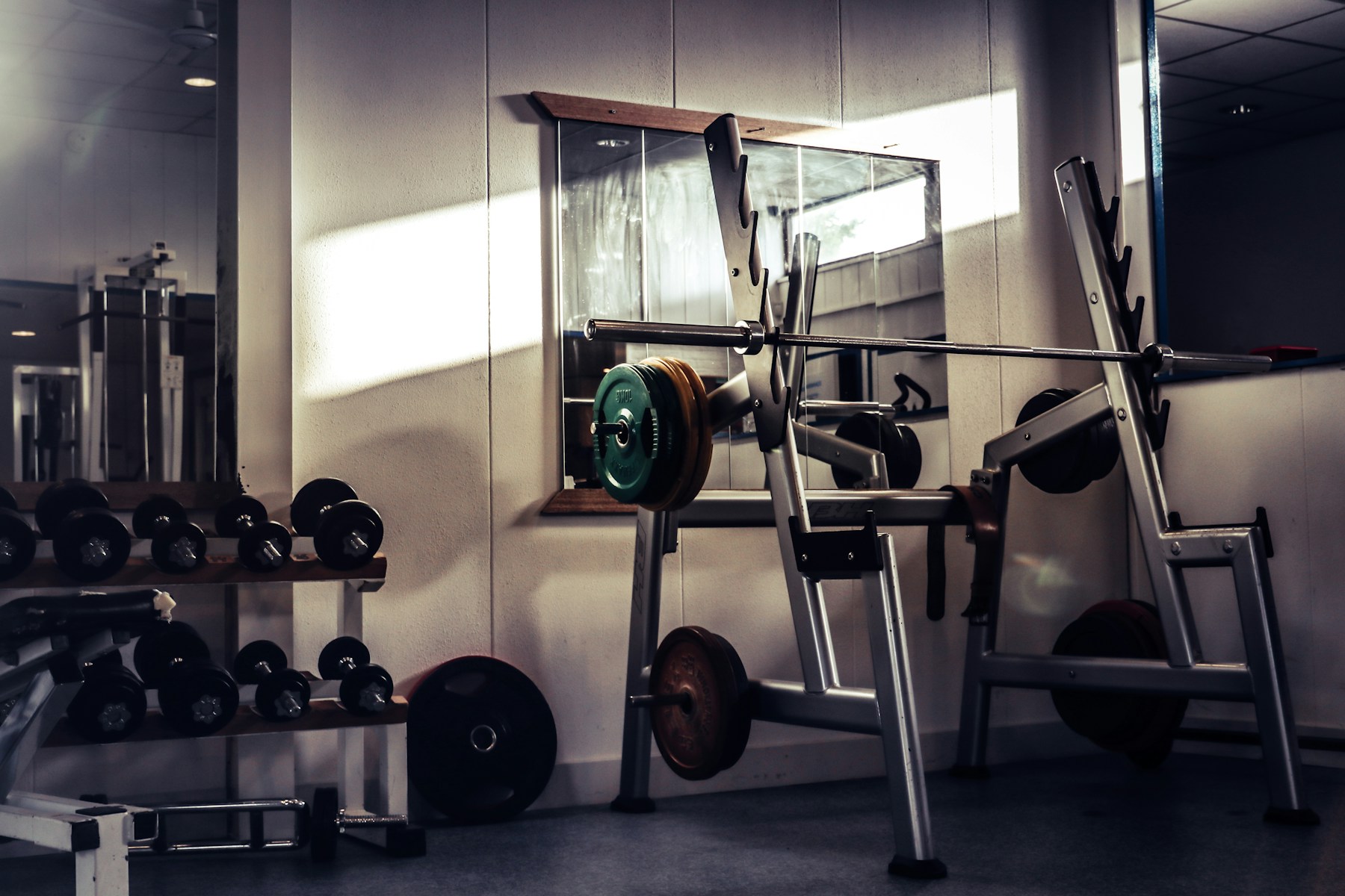 Sunlit training area with dumbbells, a barbell, and open floor space