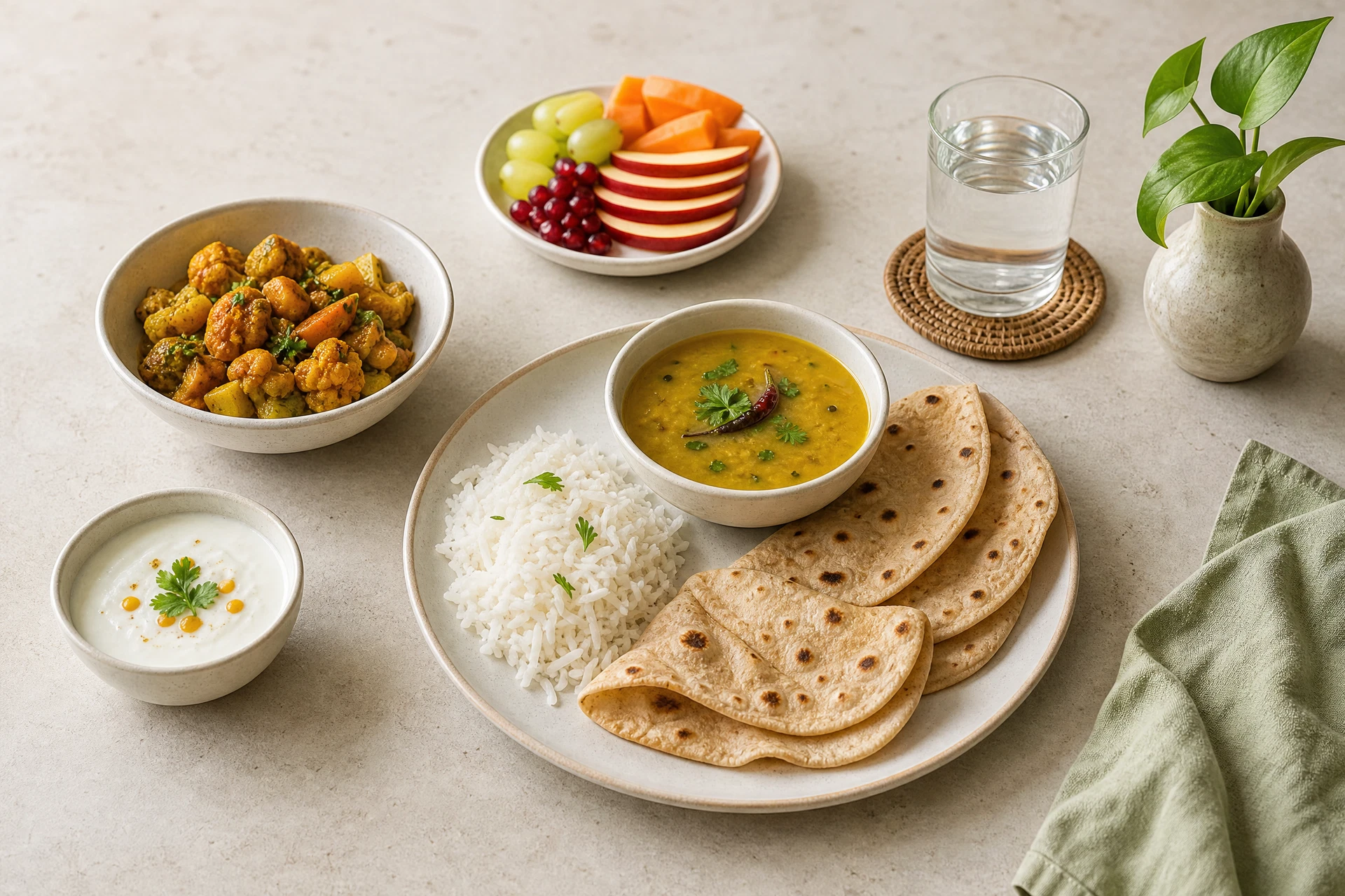 Balanced Indian home meal with all dishes visible
