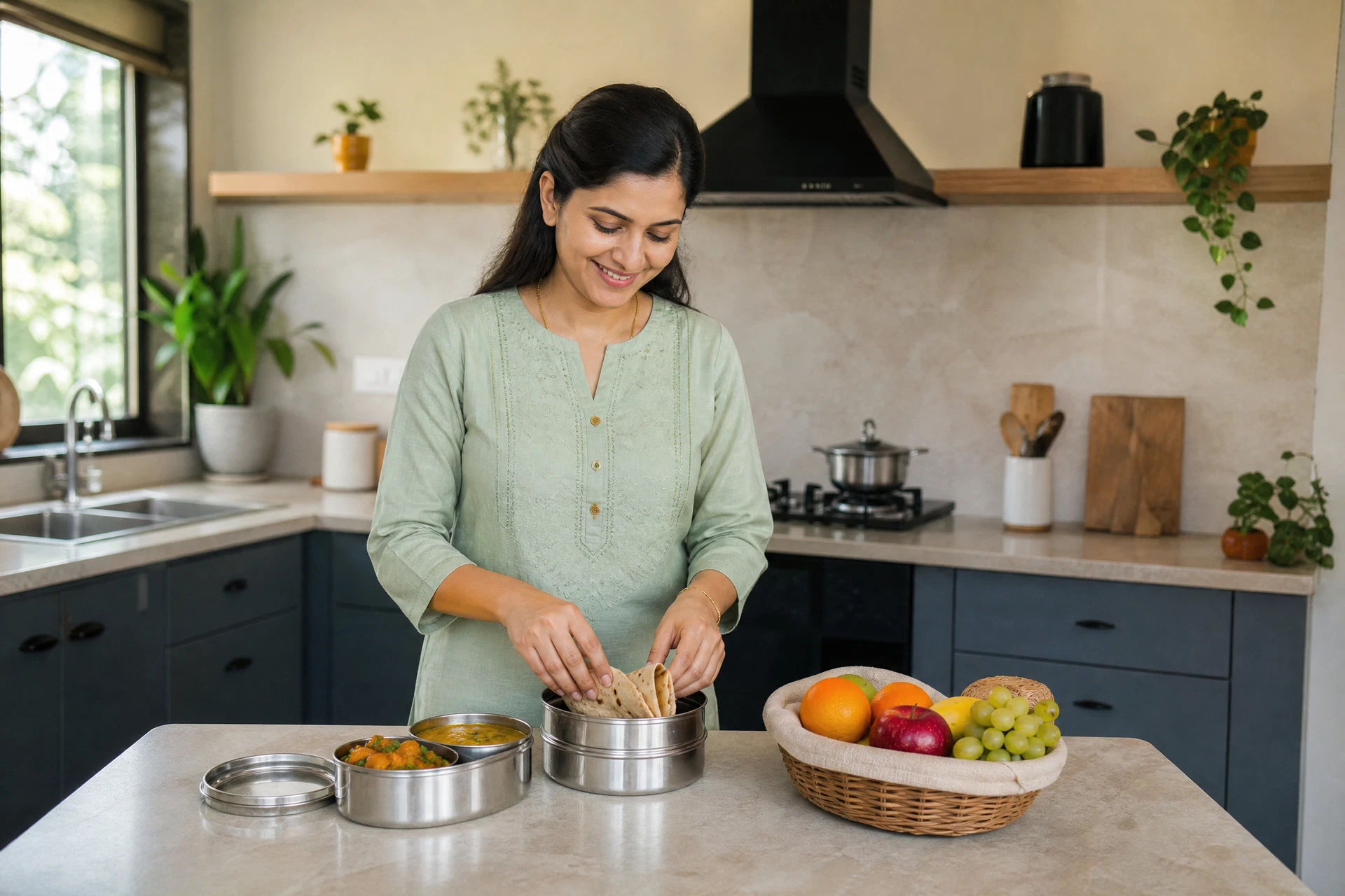 Adult preparing a balanced lunch with all food items visible
